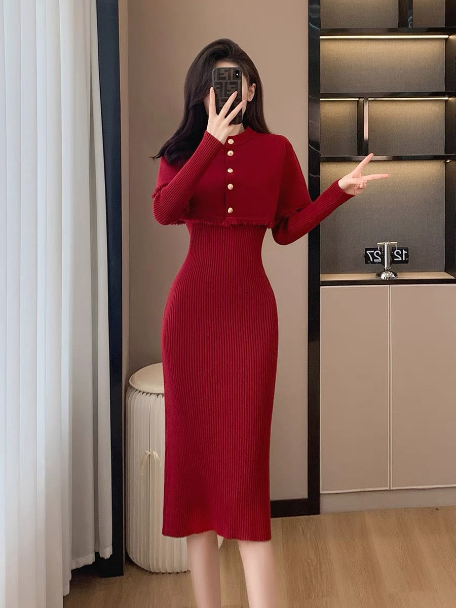 Winter new retro fashion temperament elegant and high-end goddess style two-piece long skirt shawl knitted dress