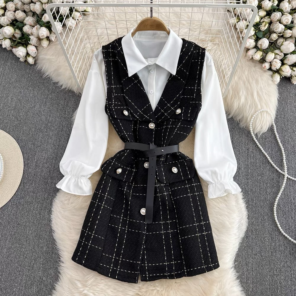Goddess style lady temperament mid-length single-breasted tweed vest jacket two-piece loose white shirt autumn