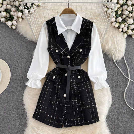 Goddess style lady temperament mid-length single-breasted tweed vest jacket two-piece loose white shirt autumn
