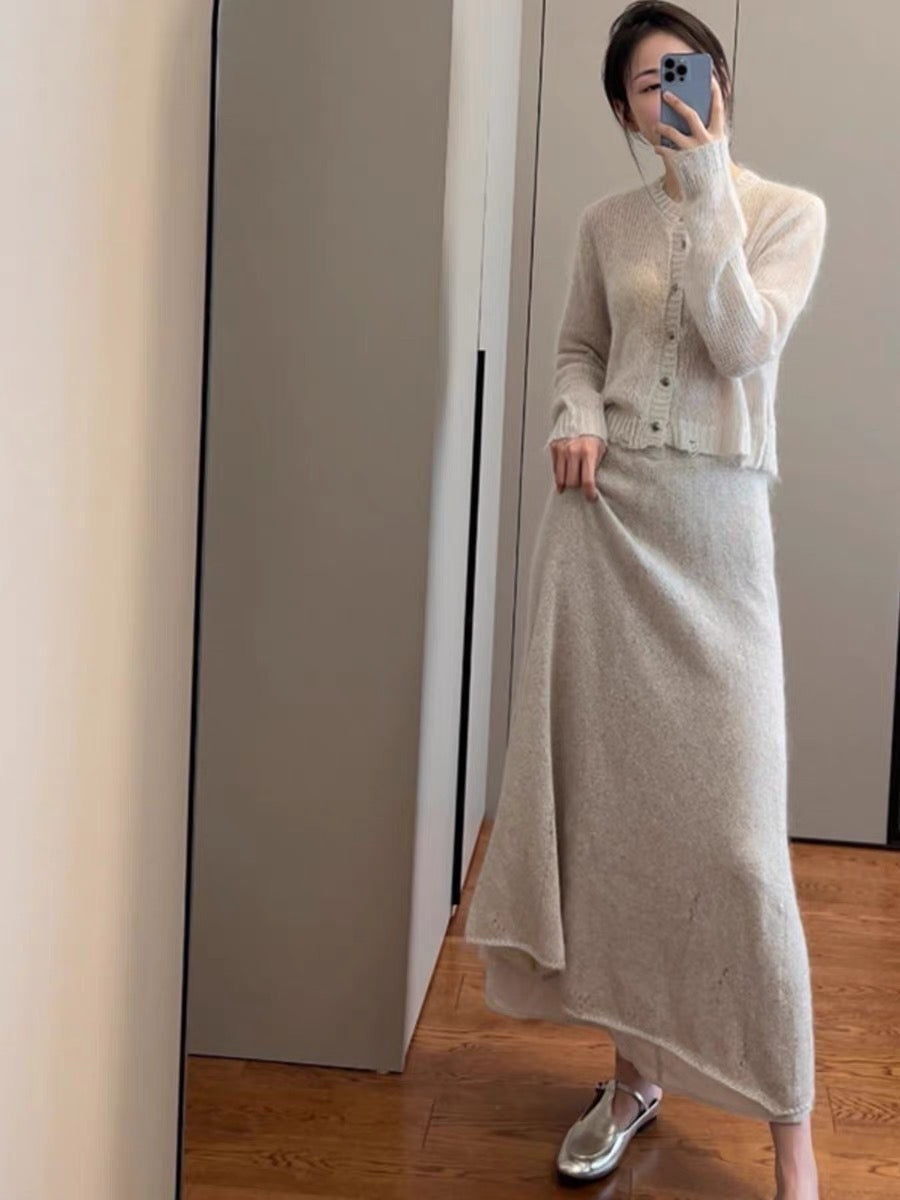 Elegant and fashionable mohair knitted cardigan skirt suit royal sister temperament salty gentle two-piece autumn and winter