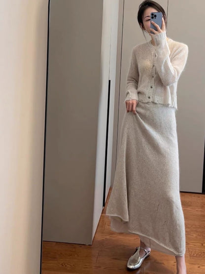 Elegant and fashionable mohair knitted cardigan skirt suit royal sister temperament salty gentle two-piece autumn and winter