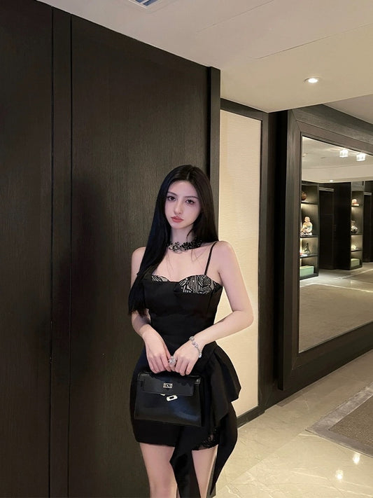 For Fay original design lace stitching satin dress femininity is thin and exquisite little black dress suspender skirt
