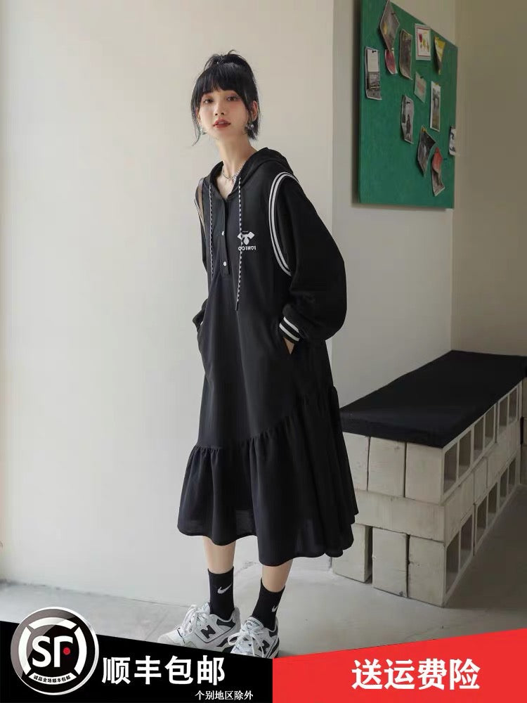Black long sweatshirt dress for women autumn 2023 new Korean style loose casual high-end hooded long-sleeved dress