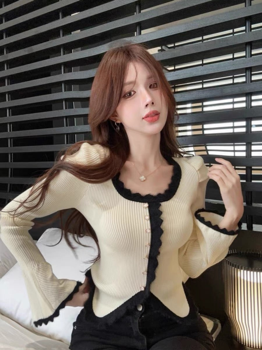 Xiaoxiangfeng puff sleeve knitted cardigan women's autumn and winter trumpet sleeve short top design niche bottoming shirt jacket