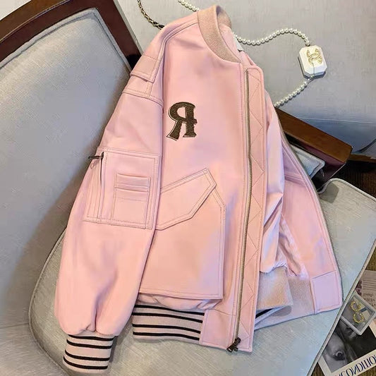 Korean chic fashion temperament pink baseball uniform women's winter sweet high-level lazy pu leather jacket coat