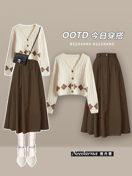 A complete set of tea style outfits, Maillard outfits, dresses, knitted sweaters, preppy old money style long skirt suits