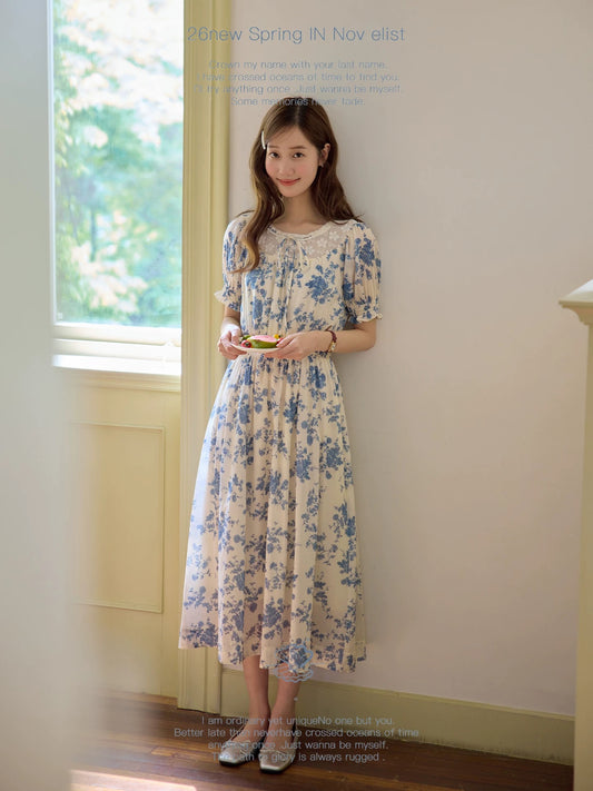 Nov elist One Elegant Tie-Waist Slimming Blue Floral Dress for Summer