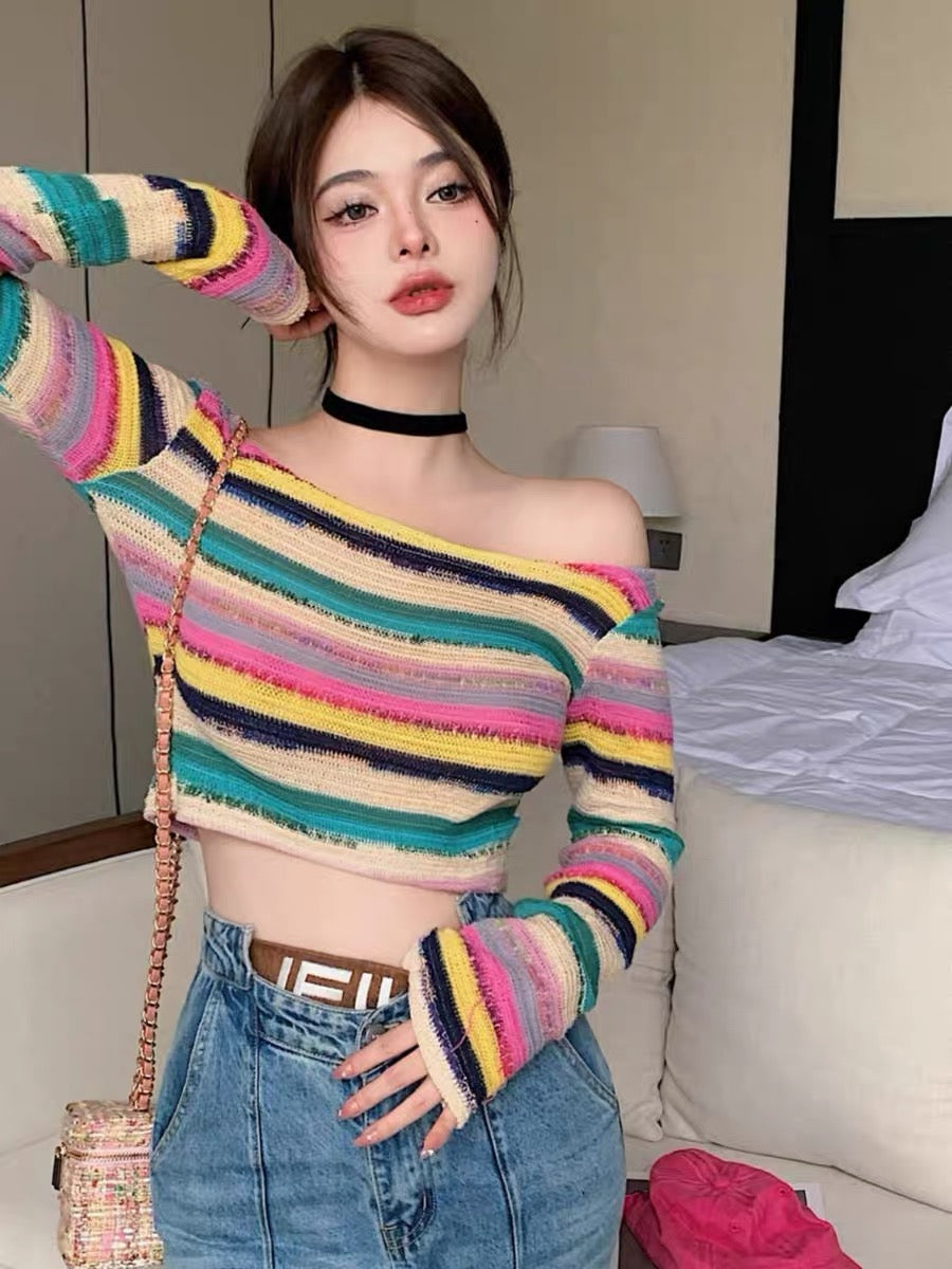 Pure desire hottie in early spring sexy and sweet rainbow striped one-shoulder design top for women high-end ice silk thin T-shirt