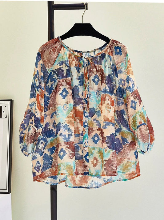 Breathable collar tie watercolor Hong Kong style temperament loose shirt