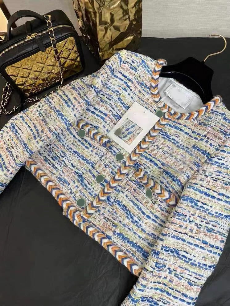 European Station 2023 Autumn and Winter Colorful Woven Wool Tweed Tops Temperament Socialite Small Fragrance Style Short Jackets Women