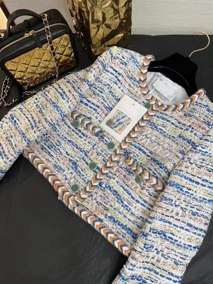 European Station 2023 Autumn and Winter Colorful Woven Wool Tweed Tops Temperament Socialite Small Fragrance Style Short Jackets Women