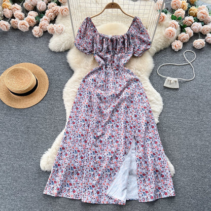 French pure desire high-grade floral puff sleeve dress for women summer slim temperament super fairy forest style slit long skirt