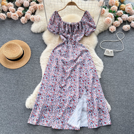 French pure desire high-grade floral puff sleeve dress for women summer slim temperament super fairy forest style slit long skirt