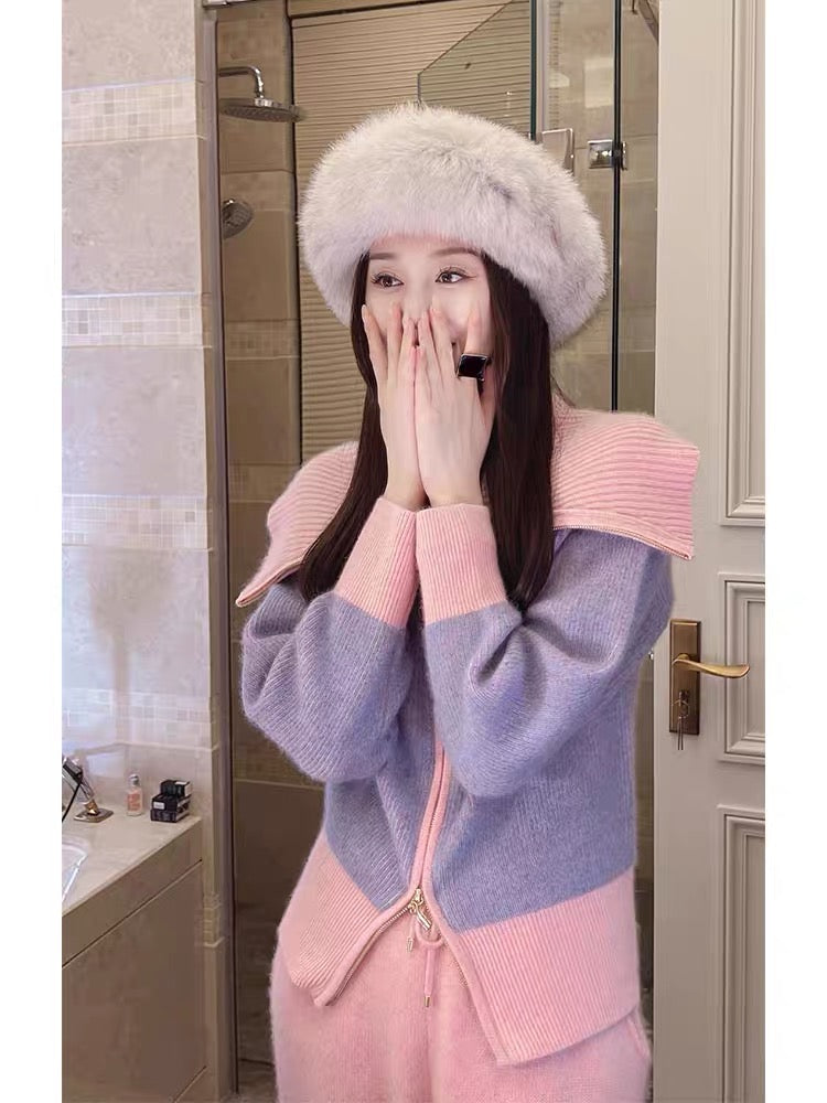 2023 Autumn and Winter New Women's Clothing Royal Sister Style Korean Drama Sweater Small Fragrance Style Lady's Wide-leg Pants Two-piece Suit (V5512)