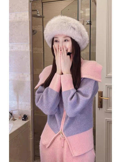 2023 Autumn and Winter New Women's Clothing Royal Sister Style Korean Drama Sweater Small Fragrance Style Lady's Wide-leg Pants Two-piece Suit (V5512)