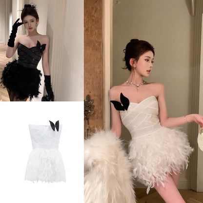 Sexy tube top dress female summer celebrity white birthday dress skirt temperament slim waist furry skirt
