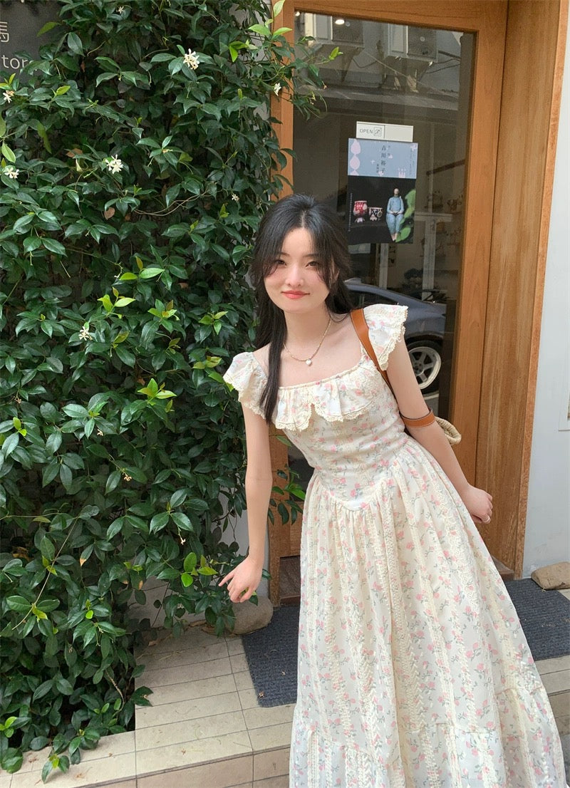 PPHOME Sweet Loli~New French Heavy Embroidery Floral Square Neck Ruffled Waist Slim Dress