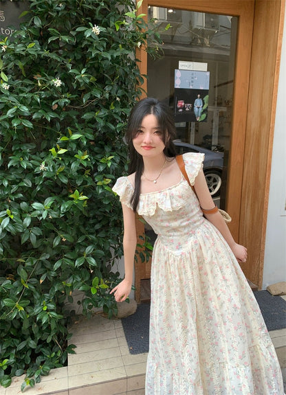 PPHOME Sweet Loli~New French Heavy Embroidery Floral Square Neck Ruffled Waist Slim Dress