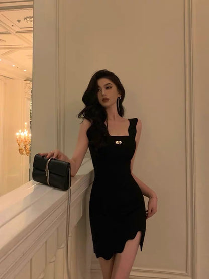 Slim temperament, sweet and spicy style, irregular French pure desire black wavy suspender dress 2022 new summer women