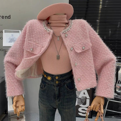 French style wealthy daughter's temperament heavy beaded single-breasted tweed high-end loose and versatile jacket for women