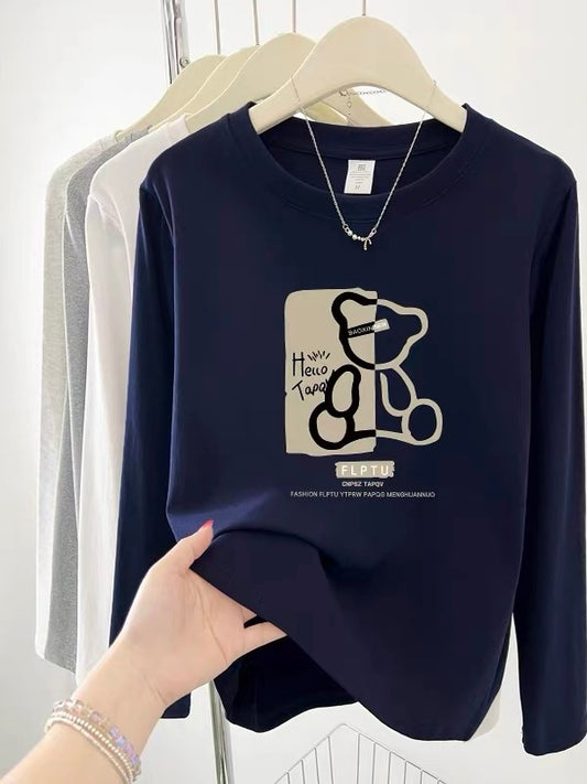 2025 Early Autumn New Style Bottoming Shirt Western Style Straight Shoulder Women's Long Sleeve T-shirt Round Neck College Style Letter Printed Top
