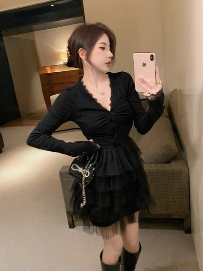 Black temperament dress women's new summer style pure lust sexy lace V-neck waist bottoming slimming tutu skirt