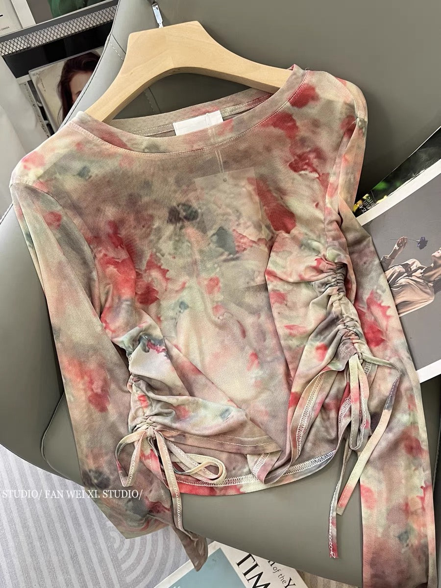 Long-sleeved mesh T-shirt for women in early autumn new style retro American slim-fit drawstring smudged round neck petite chic top (B2217)
