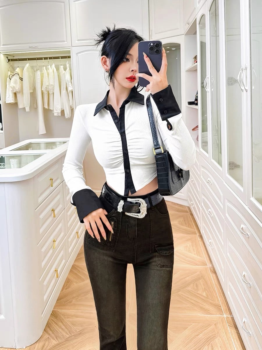 Queen of Hanyi Contrasting Color Stitching Shirt 2023 Autumn New Design High-quality Trumpet Sleeve Short Top