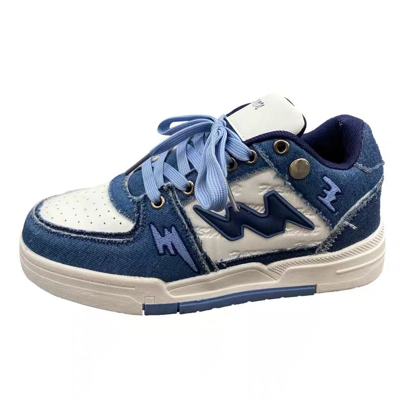 Guochao ins style denim blue splicing trend moral training shoes male chic niche hit color retro couple sports shoes
