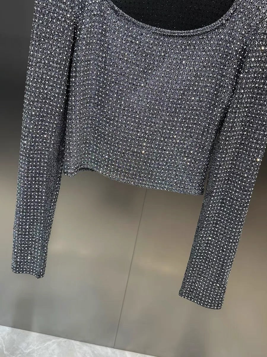 Net red pomelo MM 2023 autumn square collar long sleeve high temperature hot diamond bright shiny slim slim all-match shirt