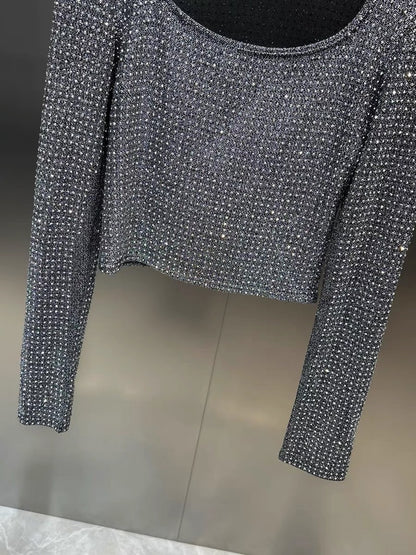 Net red pomelo MM 2023 autumn square collar long sleeve high temperature hot diamond bright shiny slim slim all-match shirt