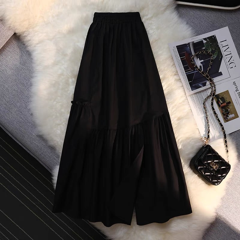 French white skirt for women in summer, irregular pleated skirt, mid-length hip-covering A-line skirt, high waist slit long skirt