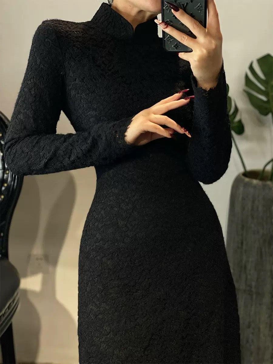 National style new Chinese style cheongsam stand collar slim mink velvet lace dress spring autumn winter red elegant dress black and white