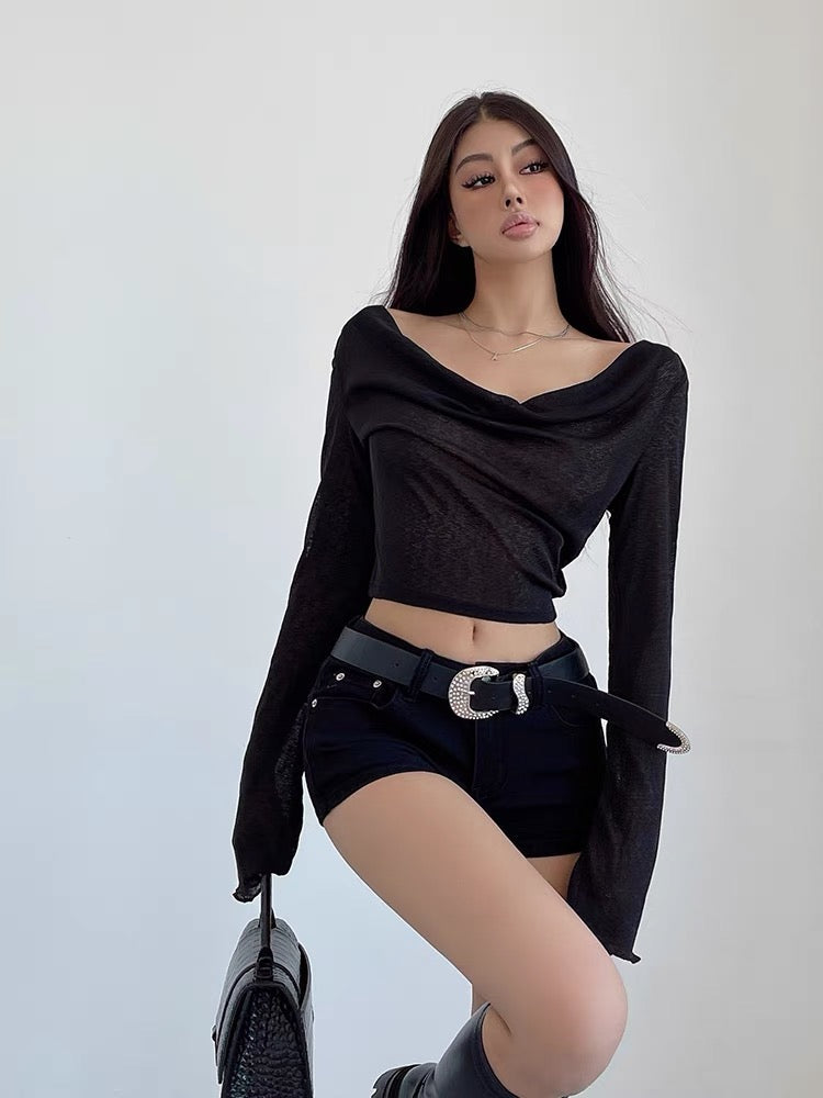 liviahome American hot girl swing collar fungus long-sleeved hooded T-shirt women's early autumn bottoming shirt short top (T191)