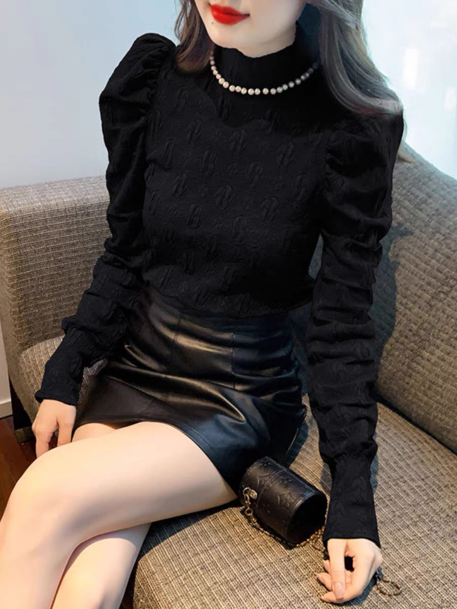 French beaded half turtleneck puff sleeve lace shirt for women autumn and winter new style slim and fashionable inner layering shirt top (B2313)