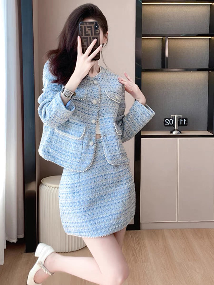 Blue small fragrant style fashion suit for women 2023 autumn new temperament age-reducing celebrity style two-piece set for small people