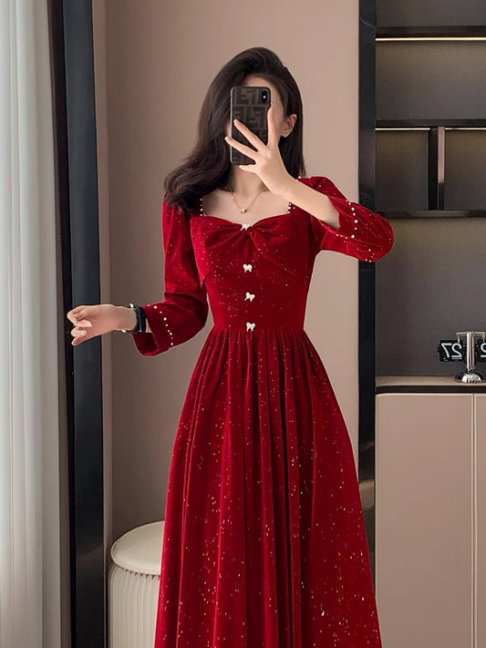 Autumn and winter new style retro temperament elegant light luxury high-end long skirt engagement red sequined mini dress dress
