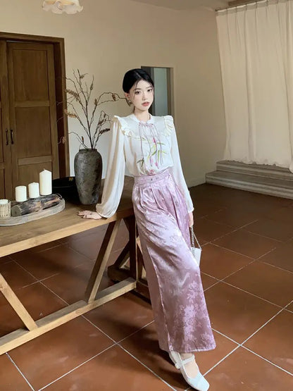 kumikumi new Chinese suit women's embroidered loose long-sleeved shirt early autumn high-waist skirt culottes two-piece set