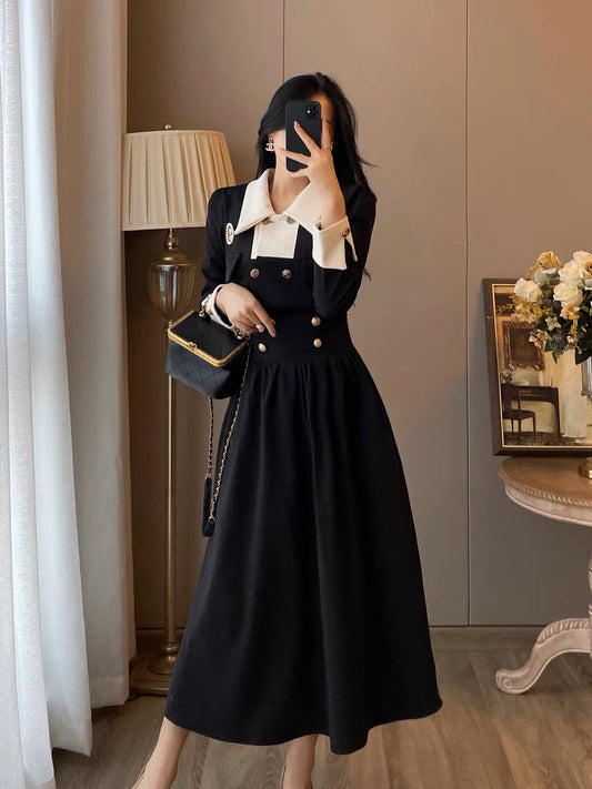 French retro small fragrance square collar dress women's 2023 autumn new Hepburn style high-level high-waisted dress