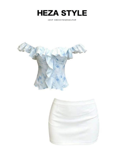 HEZA Women's Off-Shoulder Floral Ruffle Top with Boning & White Mini Skirt Set (Summer Slim-Fit Style)