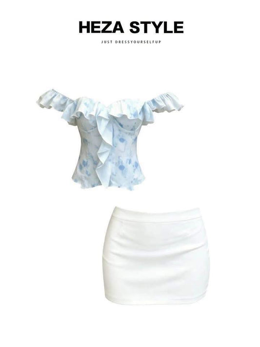 HEZA Women's Off-Shoulder Floral Ruffle Top with Boning & White Mini Skirt Set (Summer Slim-Fit Style)