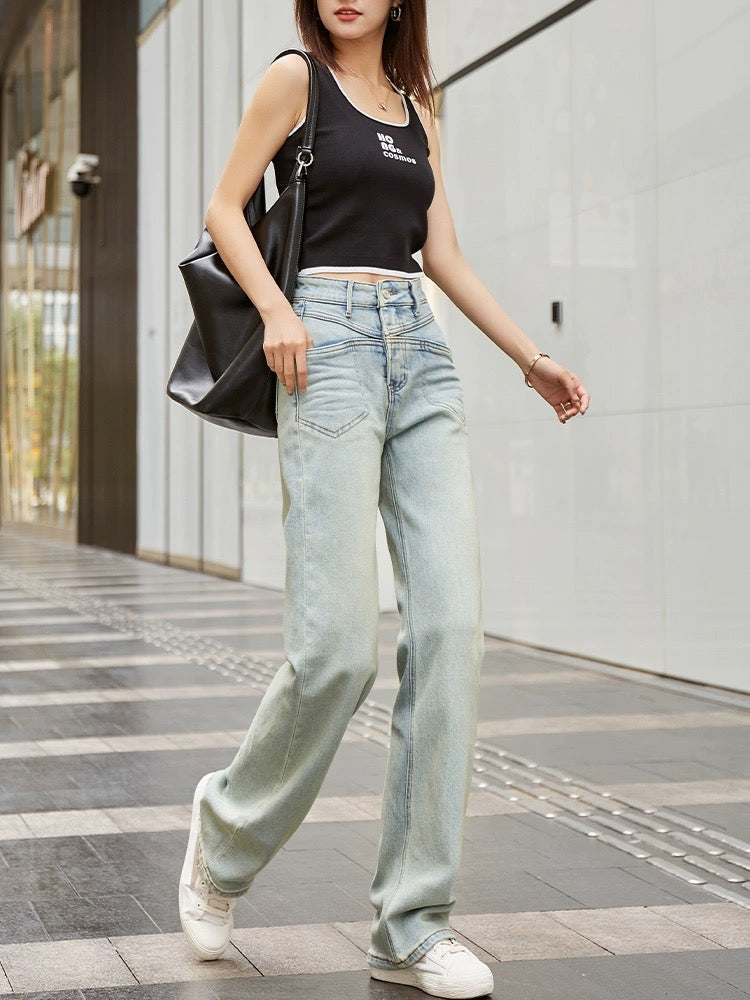 Nostalgic blue Hong Kong style straight jeans for women loose wide legs 2024 spring new high waist splicing drape mopping