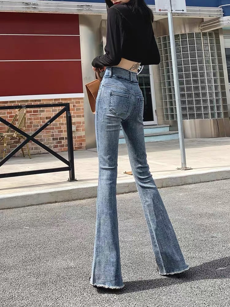 Raw edge slightly booted jeans for women, autumn 2023 new high-waisted, slimming, tight-fitting, irregular flared floor-length trousers (P143)