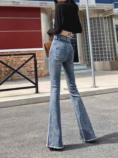 Raw edge slightly booted jeans for women, autumn 2023 new high-waisted, slimming, tight-fitting, irregular flared floor-length trousers (P143)