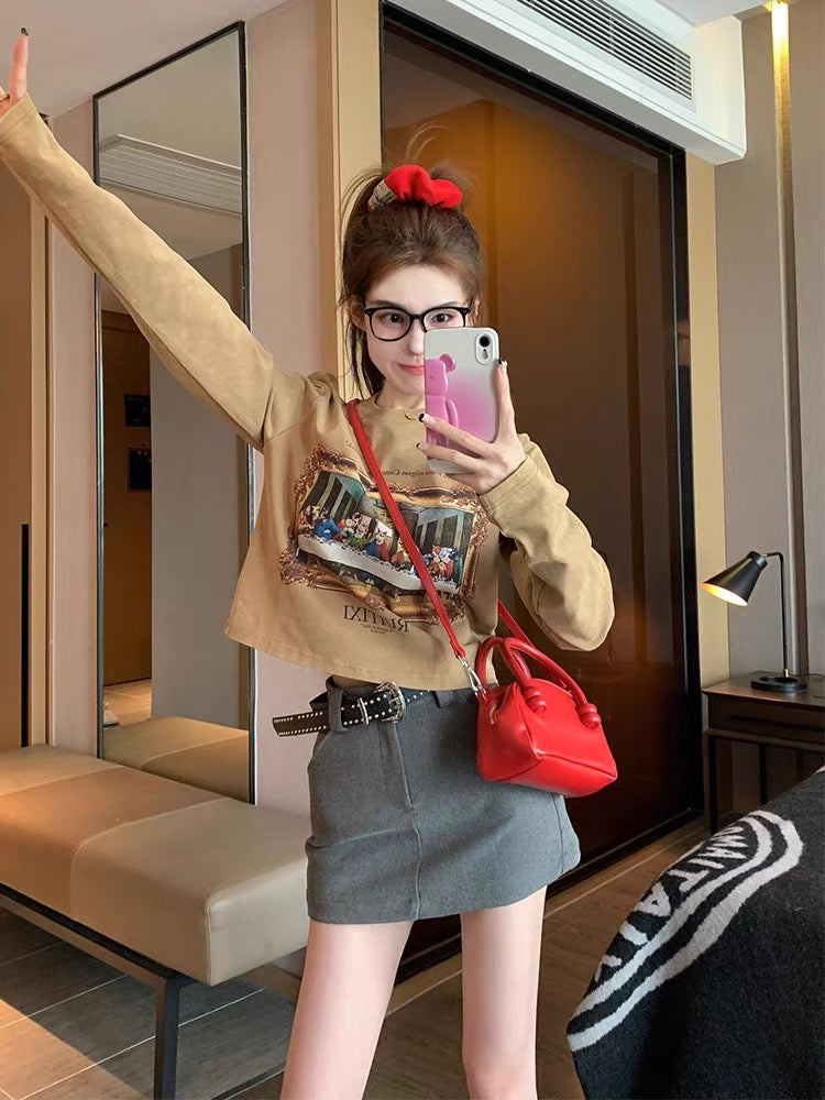 Maillard wears right shoulder long-sleeved T-shirt for women 2023 new early autumn American retro short bottoming shirt top ins (B6917)