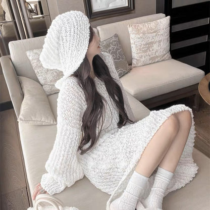 Casual, lazy style hooded long-sleeved sweater dress, autumn and winter Korean style loose A-line skirt, fashionable and versatile dress for women