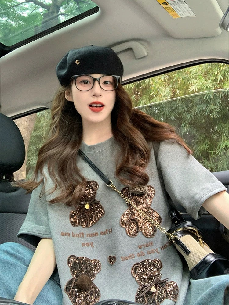 Gray Heavy Industry Bear Short-sleeved T-shirt Women 2025 New Spring and Summer Design Sense of Western Style Loose European Goods Large Edition Top