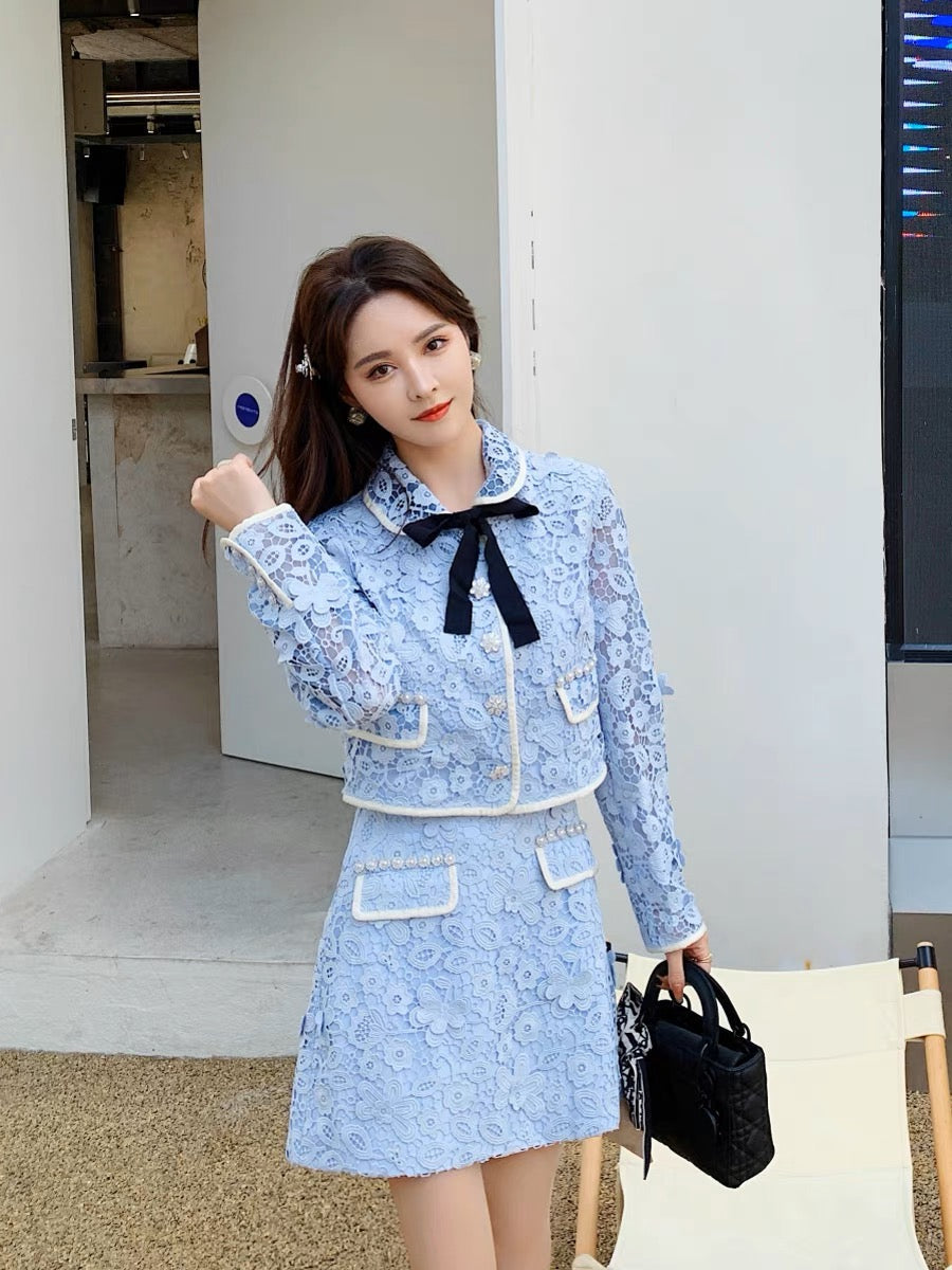 2023 new autumn clothing Xiaoxiang celebrity style pearl lace short top cardigan jacket half skirt two-piece suit (S168)