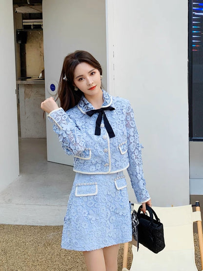 2023 new autumn clothing Xiaoxiang celebrity style pearl lace short top cardigan jacket half skirt two-piece suit (S168)