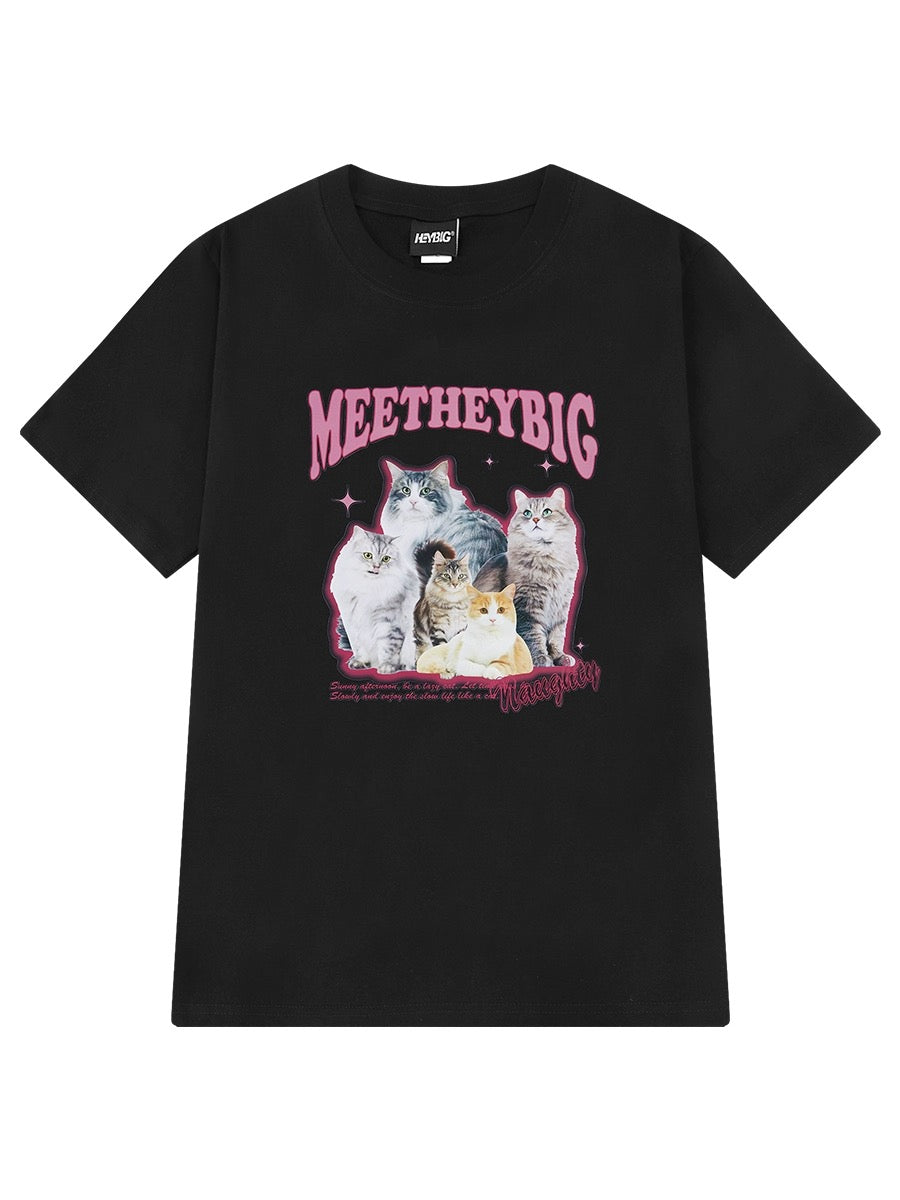 Trendy high street cat print American short-sleeved T-shirt for men and women spring and summer 2024 new loose half-sleeved cotton T-shirt